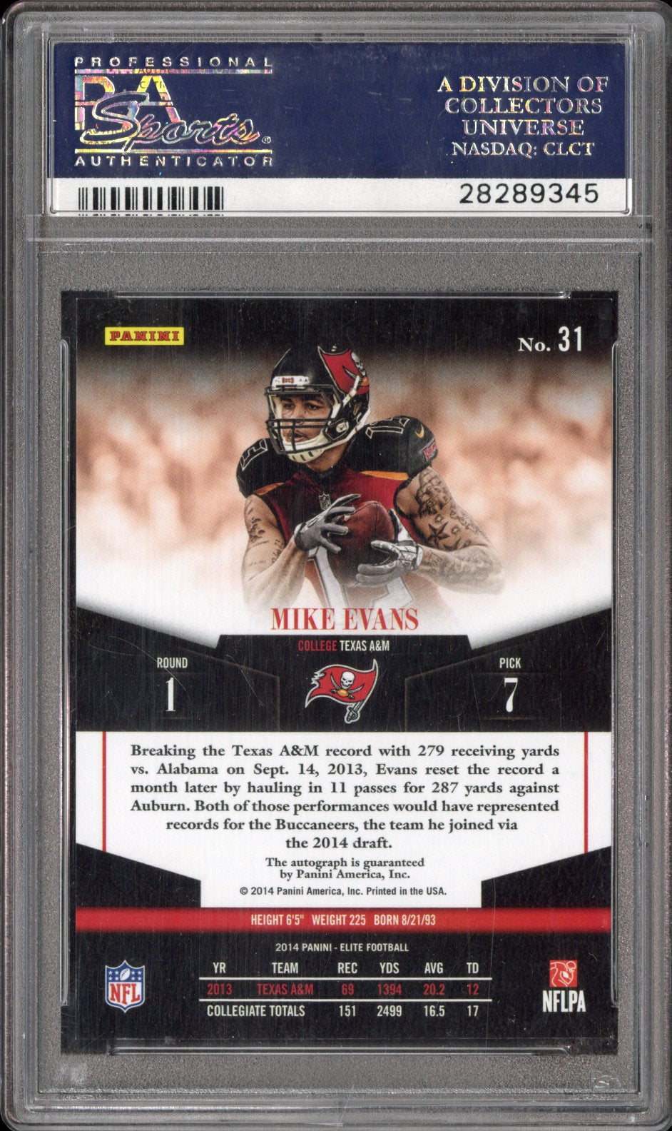 2014 Panini Elite Rookie Autographs Mike Evans #31 Rookie Autographs PSA 10