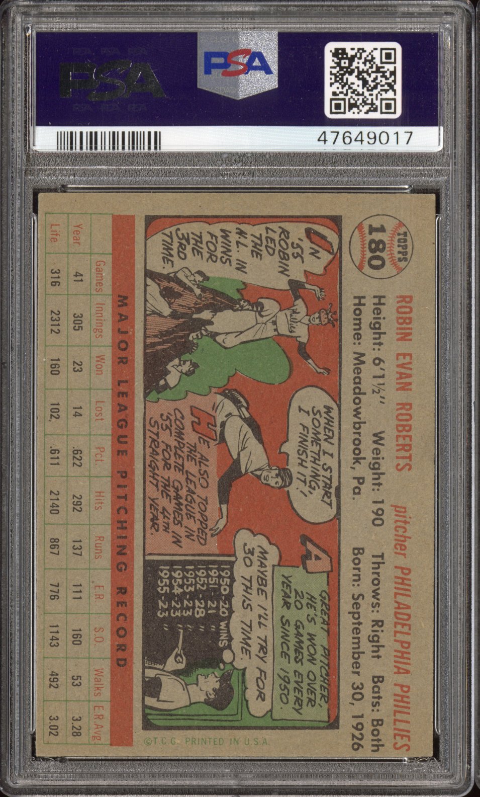 1956 Topps Robin Roberts #180 Gray Back Oc PSA 7