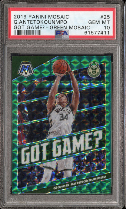 2019-20 Panini Mosaic G. Antetokounmpo #25 Got Game? Green Mosaic PSA 10