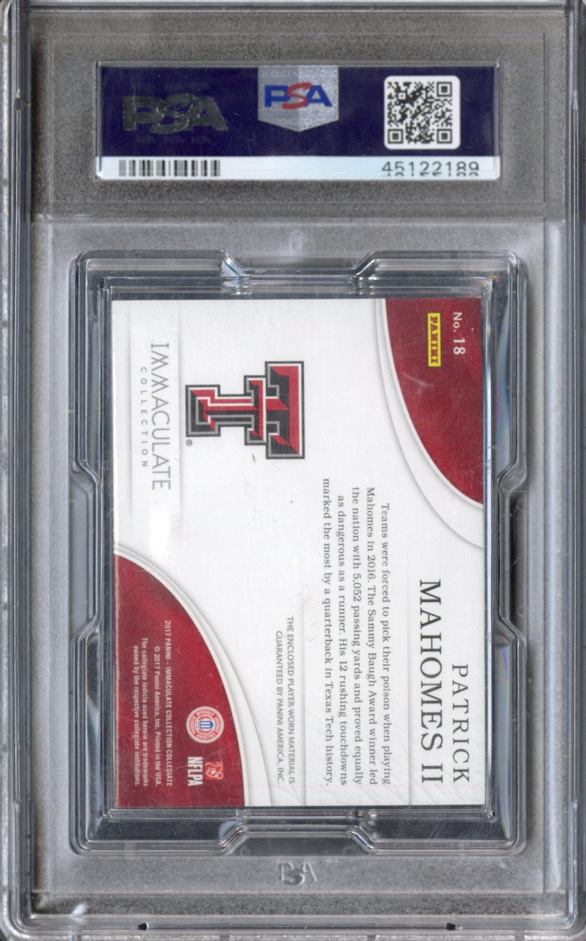 2017 Panini Immaculate Collegiate RC Player Caps Patrick Mahomes II /2 PSA Auth