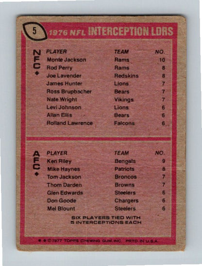 1977 Topps 1976 NFL Interception Leaders (Monte Jackson / Ken Riley) LL #5