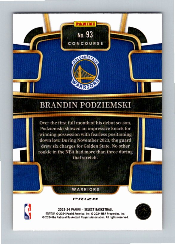 2023-24 Panini Select Brandin Podziemski #93 Tri-Color RC