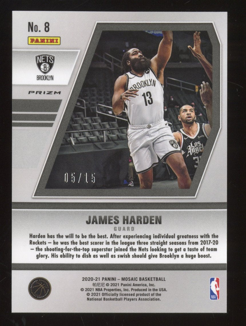 2020-21 Panini Mosaic James Harden #8 Fluorescent Blue Mozaic /15