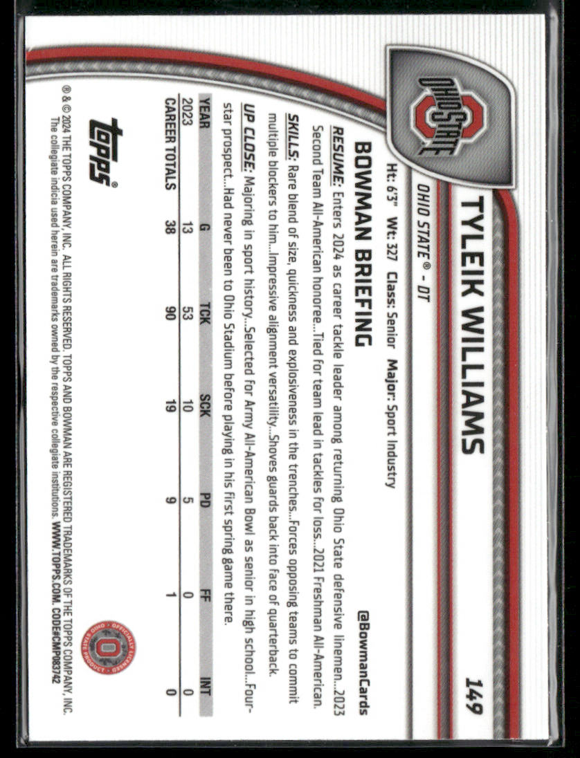 2024 Bowman Chrome University Tyleik Williams #149 Xfractor