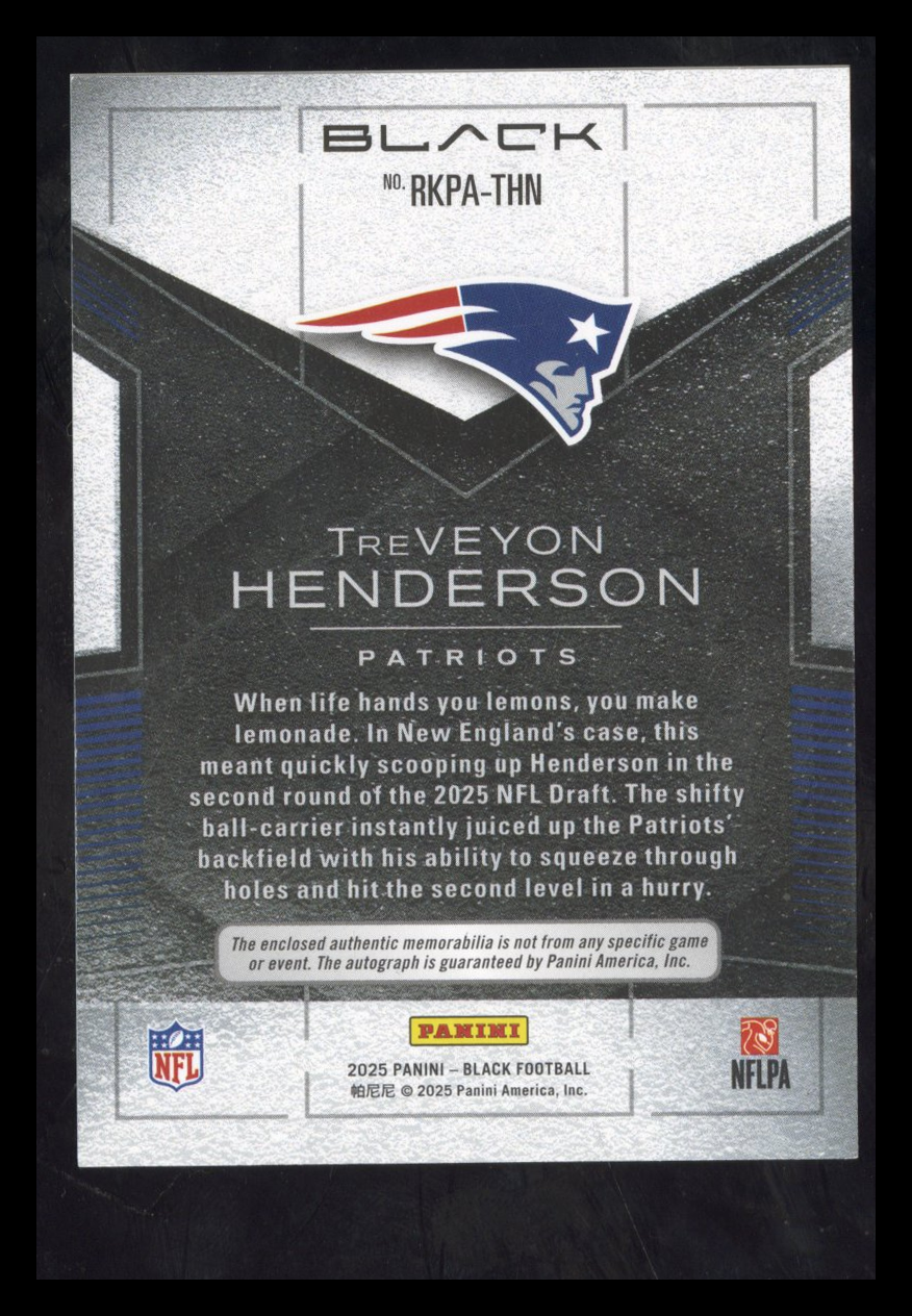 2025 Panini Black TreVeyon Henderson #RKPA-THN RC Rookie Patch Auto /249