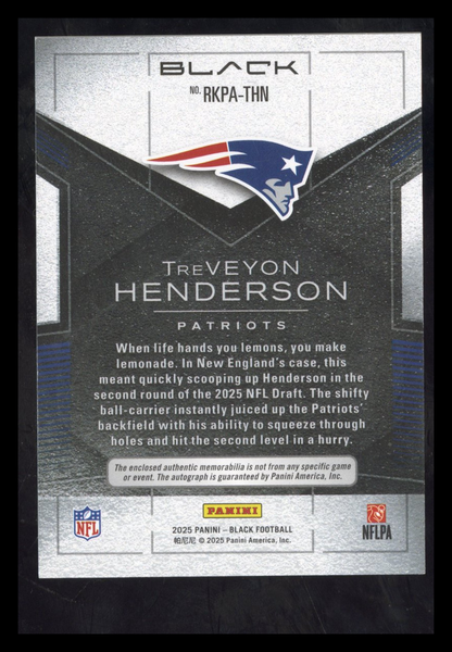 2025 Panini Black TreVeyon Henderson #RKPA-THN RC Rookie Patch Auto /249