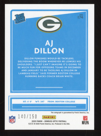 2020 Panini Donruss Optic AJ Dillon #153 Rated Rookies Autographs 140/150