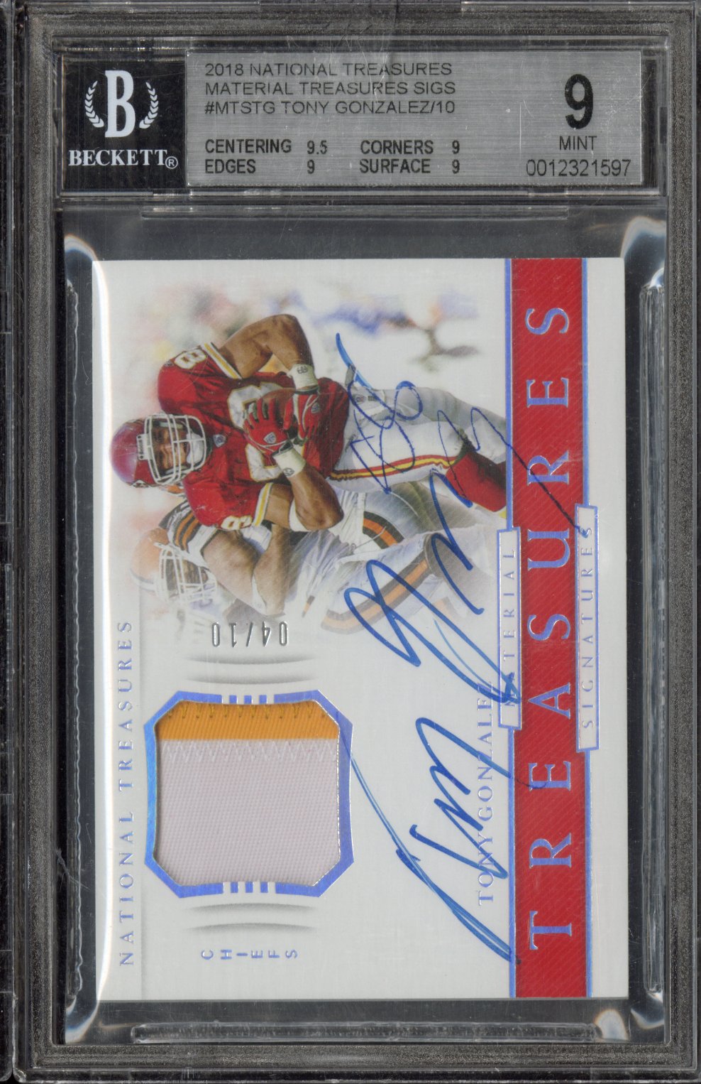 2018 Panini National Treasures Material Signatures Tony Gonzalez /10 BGS 9