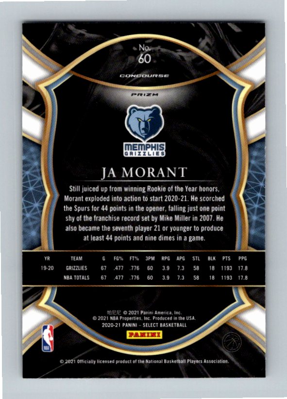 2020 Panini Select Ja Morant #60 Blue White Purple Ice