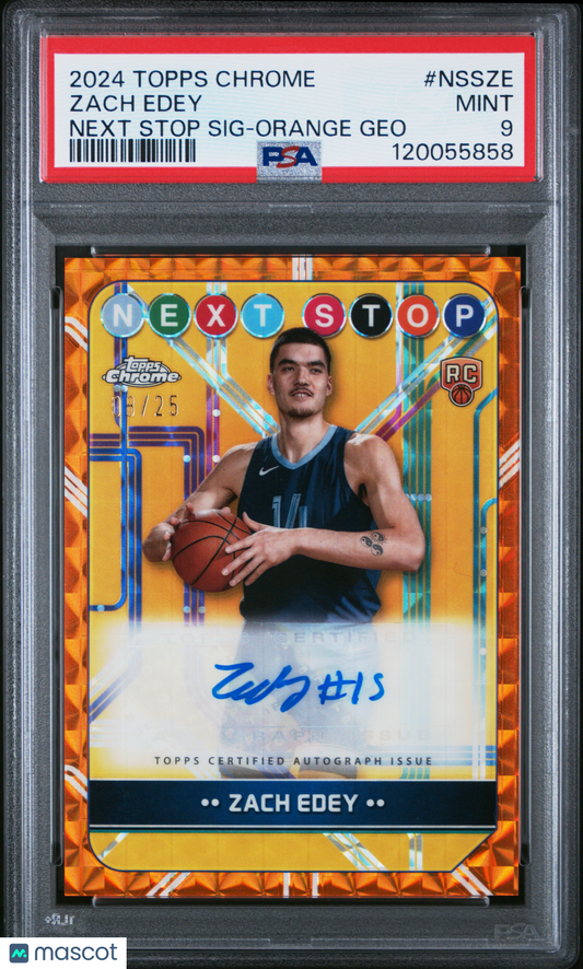 2024-25 Topps Chrome Zach Edey Orange Geometric Next Stop Rookie Auto /25 PSA 9