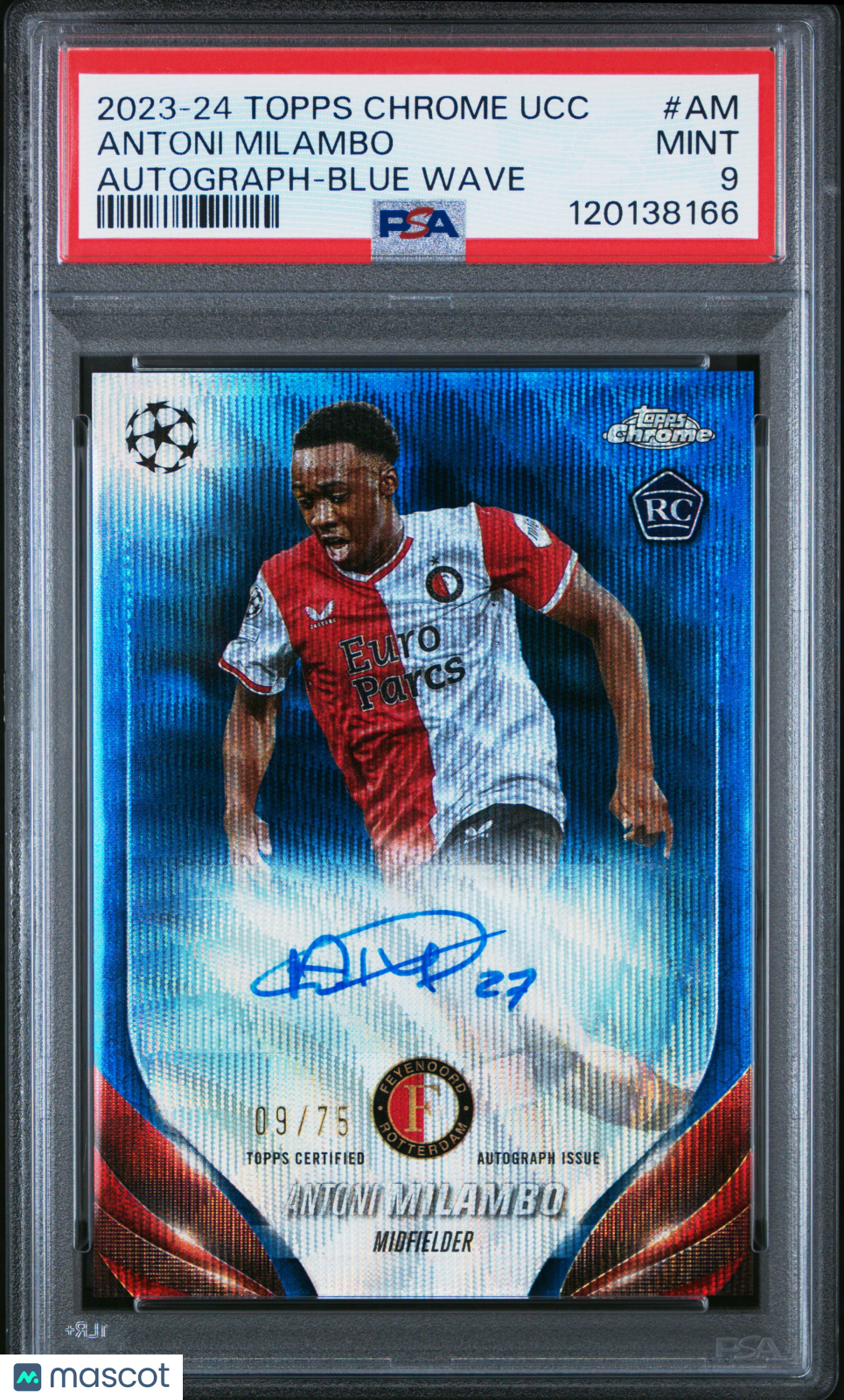 2023-24 Topps Chome UEFA Antoni Milambo Blue Wave RC Rookie Auto 09/75 PSA 9