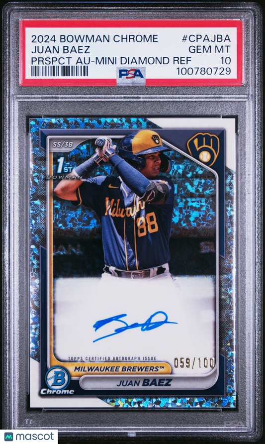 2024 Bowman Chrome Juan Baez #CPA-JBA Mini Diamond Auto /100 1st Bowman PSA 10