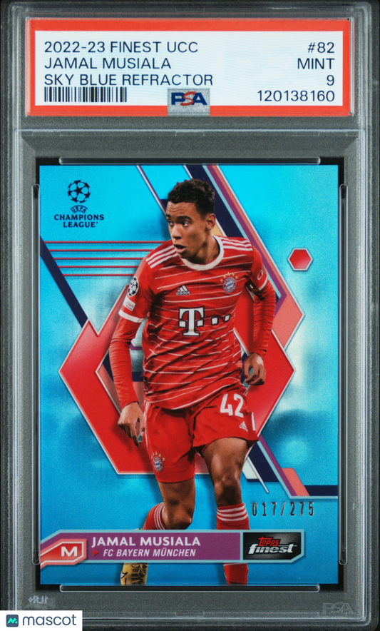 2022-23 Topps Finest UEFA Jamal Musiala #82 Sky Blue Refractor 017/275 PSA 9