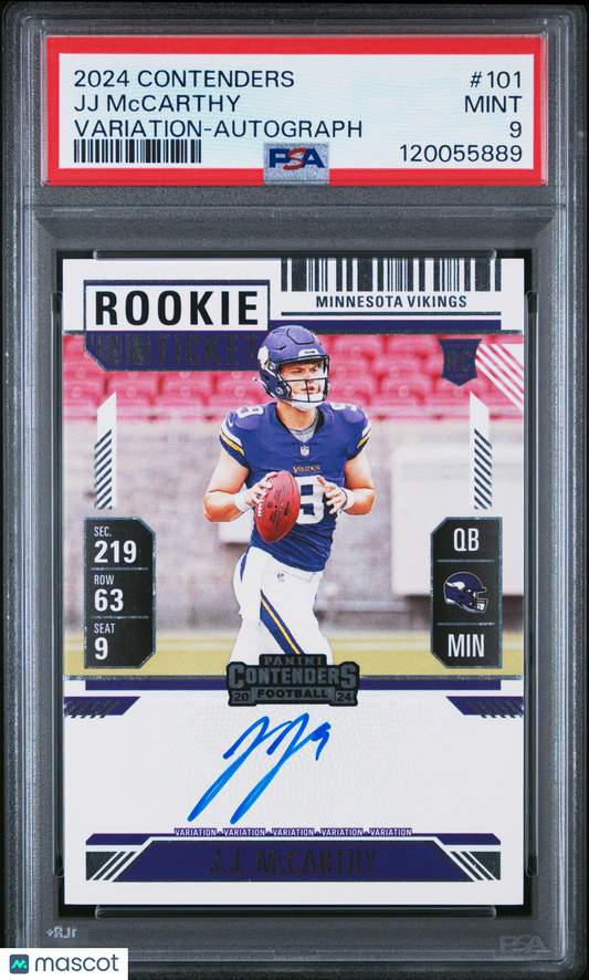 2024 Panini Contenders JJ Mccarthy #101 RC Rookie Ticket Variation Auto PSA 9