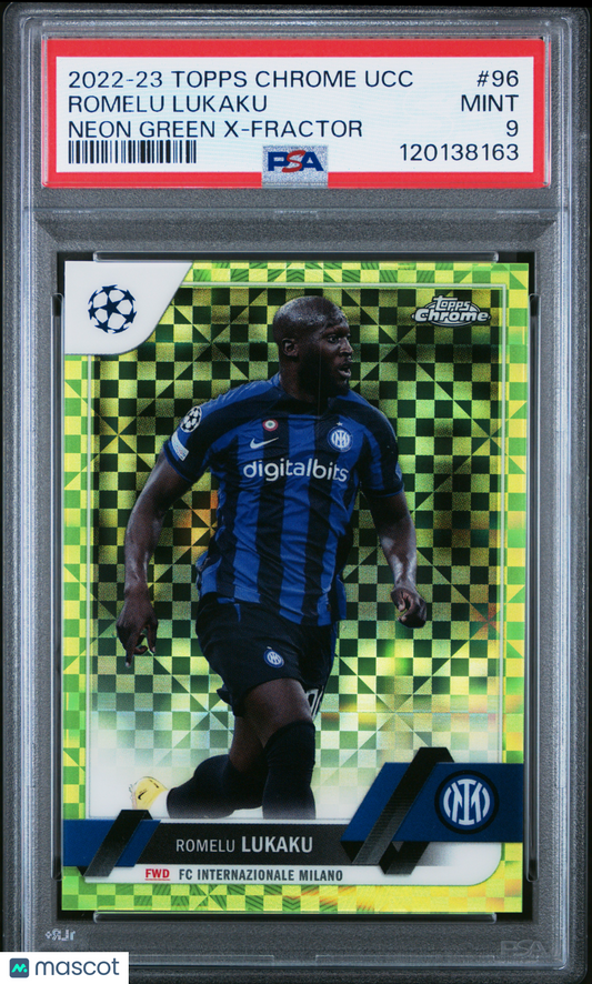 2022-23 Topps Chrome UEFA Romelu Lukaku #96 Neon Green X-Fractor 329/399 PSA 9