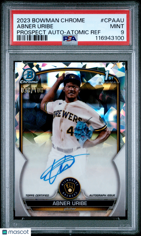 2023 Bowman Chrome Abner Uribe #CPA-AU Atomic 1st Bowman Auto 038/100 PSA 9