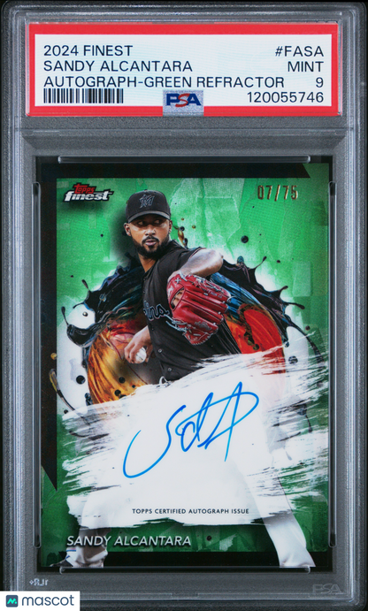 2024 Topps Finest Sandy Alcantara #FA-SA Green Refractor Auto 07/75 PSA 9