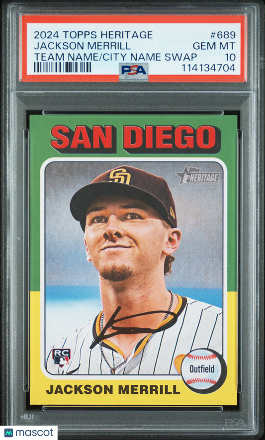 2024 Topps Heritage Jackson Merrill #689 Team Name City Name Swap Rookie PSA 10
