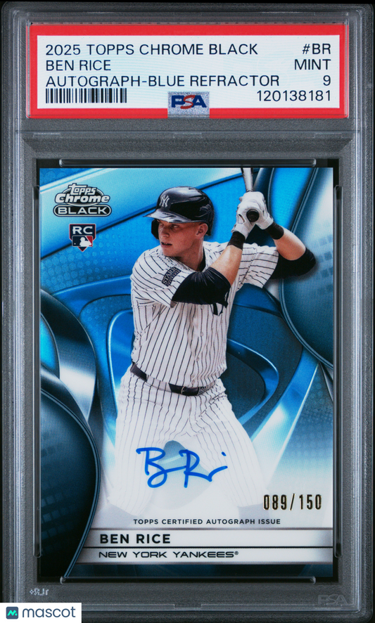 2025 Topps Chrome Black Auto Ben Rice #CBA-BR Blue RC Rookie 089/150 PSA 9