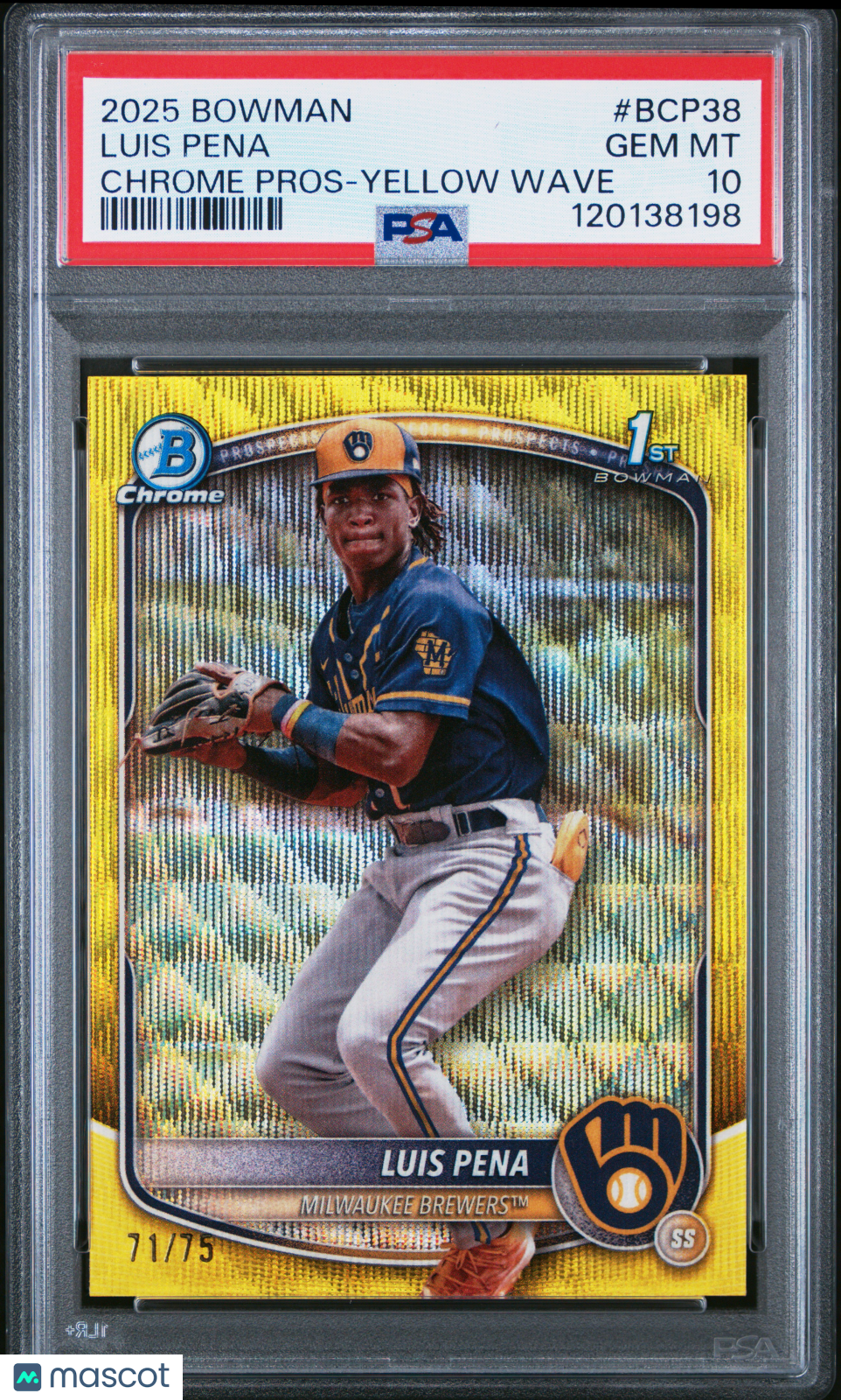 2025 Bowman Luis Pena #BCP-38 Yellow Wave 1st Bowman Chrome 71/75 PSA 10