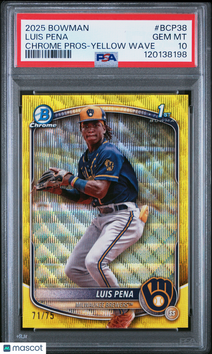 2025 Bowman Luis Pena #BCP-38 Yellow Wave 1st Bowman Chrome 71/75 PSA 10