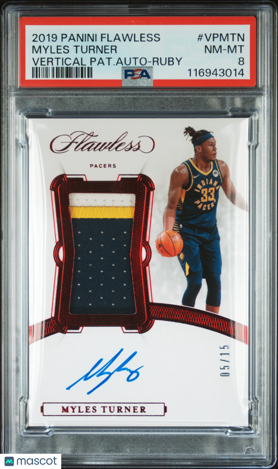 2019-20 Panini Flawless Myles Turner #VP-MTN Patch Auto Ruby 05/15 PSA 8 JC