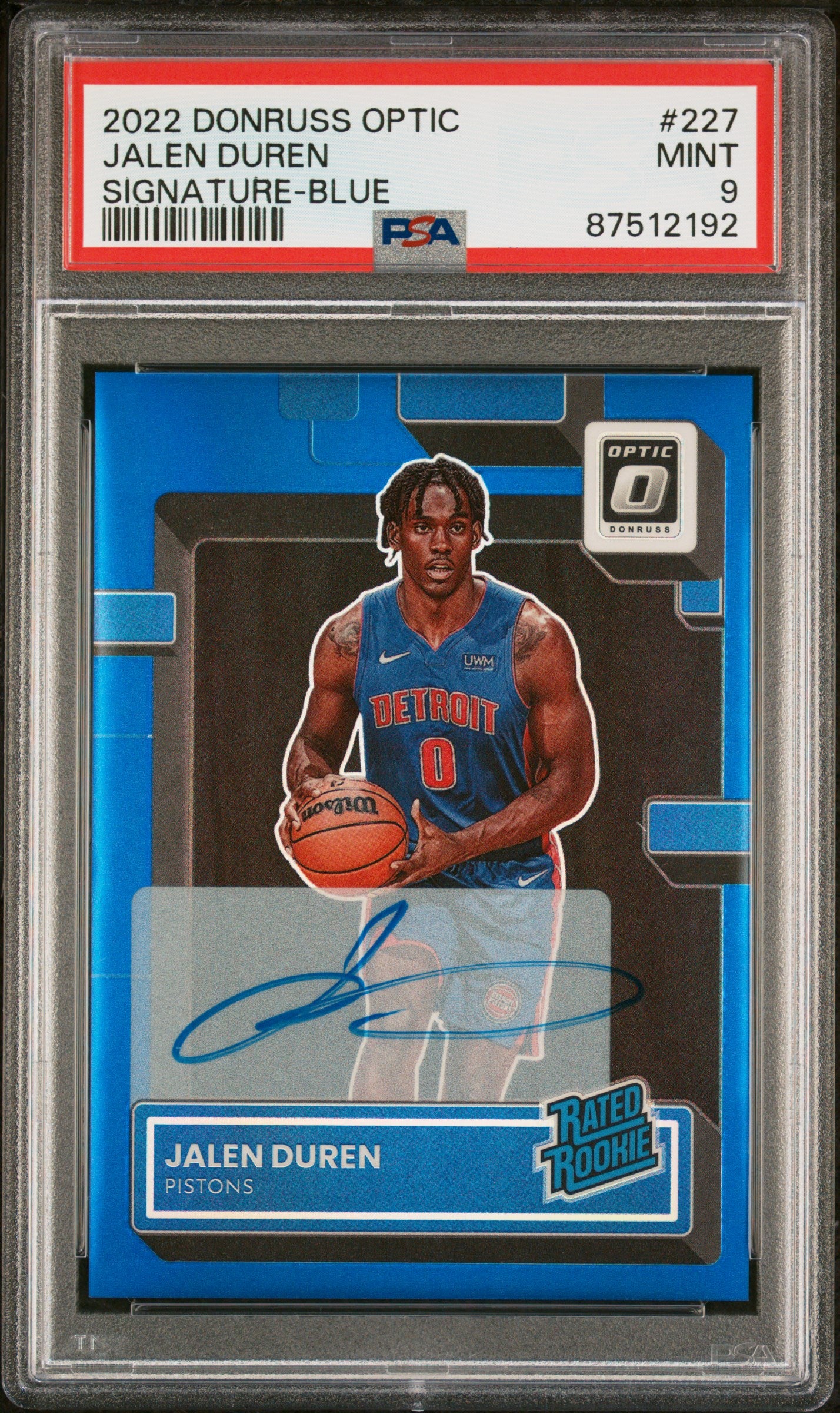 2022 Panini Donruss Optic Jalen Duren #227 Signature Blue /49 PSA 9