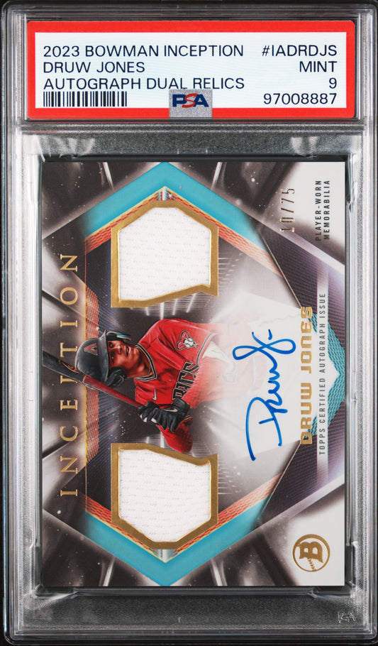 2023 Bowman Inception Druw Jones #IADRDJS Autograph Dual Relics 10/75 PSA 9