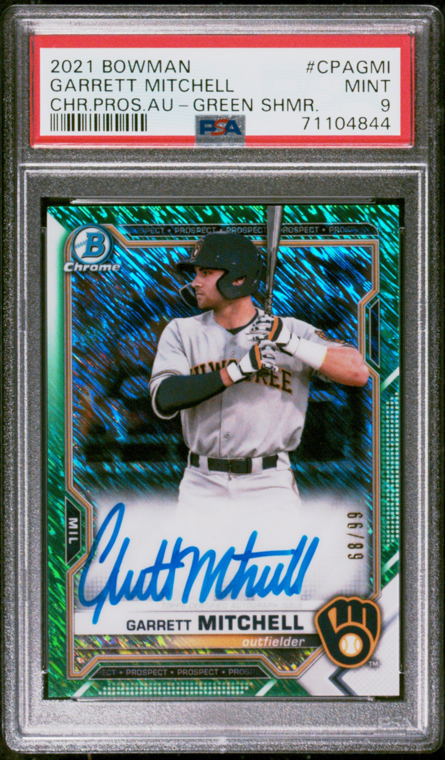 2021 Bowman Chrome Prospect Autographs Garrett Mitchell Green Shmr. PSA 9