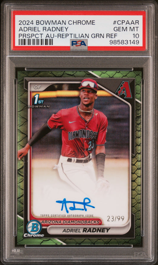 2024 Bowman Chrome Adriel Radney #CPAAR Reptilian Green Autograph /99 PSA 10