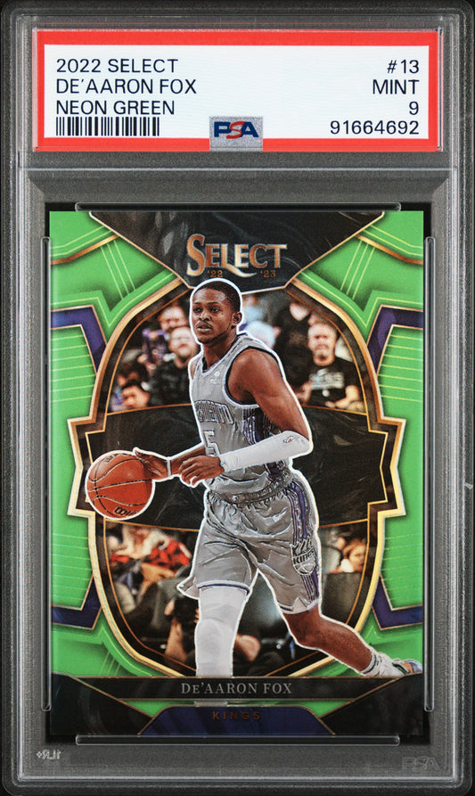 2022 Panini Select De’Aaron Fox #13 Neon Green /75 PSA 9