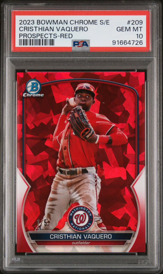 2023 Bowman Chrome Sapphire Edition Prospects Cristhian Vaquero Red /5 PSA 10