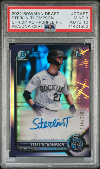 2022 Bowman Draft Chrome Autographs Sterlin Thompson Auto Purple RF. PSA 9