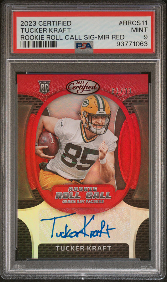 2023 Panini Certified Rookie Tucker Kraft Rookie Roll Call Auto Red /99 PSA 9