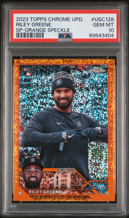 2023 Topps Chrome Update Riley Greene #USC128 SP Orange Speckle /25 PSA 10