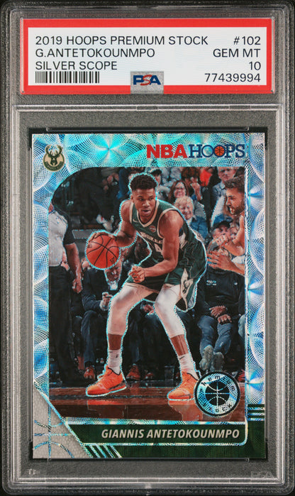 2019 Panini Hoops Premium Stock G. Antetokounmpo #102 Silver Scope PSA 10