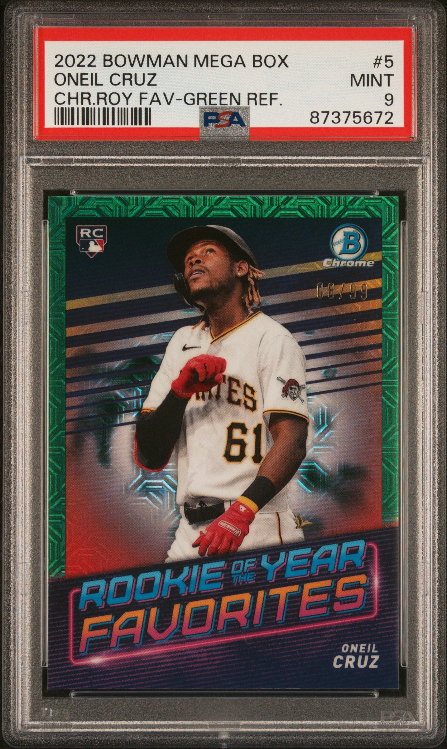 2022 Bowman Mega Box Chrome ROY Favorites Oneil Cruz Green Refractor PSA 9