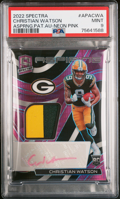 2022 Panini Spectra Christian Watson Aspiring RC Patch Auto Neon Pink /25 PSA 9