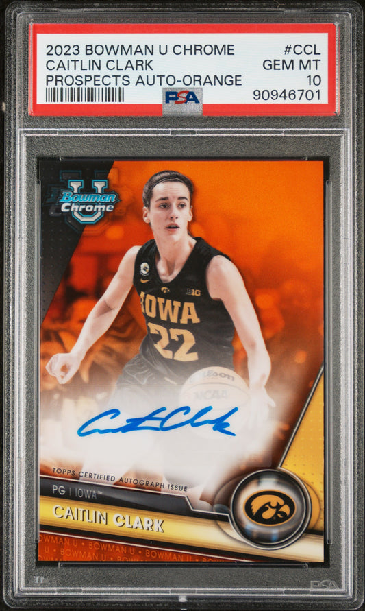 2023 Bowman University Chrome Caitlin Clark Auto Orange Ref /25 PSA 10