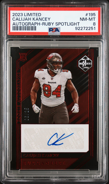 2023 Panini Limited Calijah Kancey #195 Autograph Ruby Spotlight /25 PSA 8