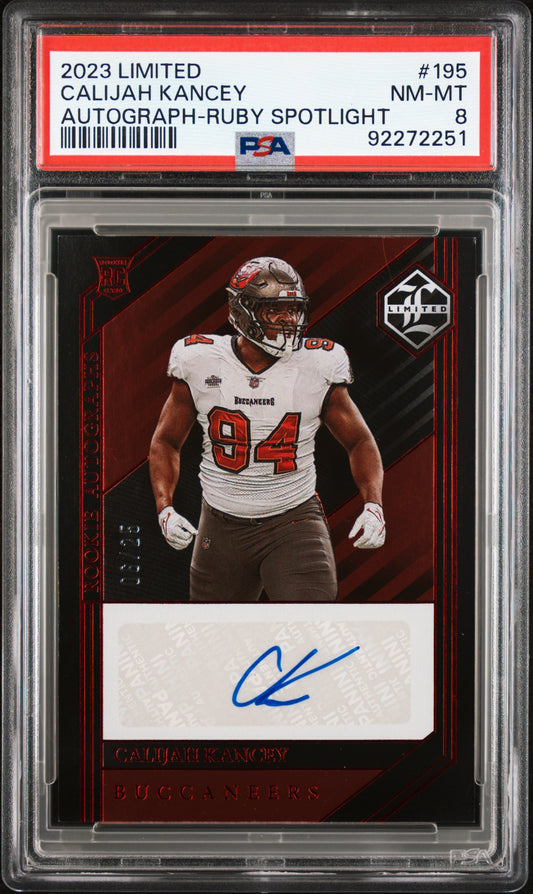 2023 Panini Limited Calijah Kancey #195 Autograph Ruby Spotlight /25 PSA 8