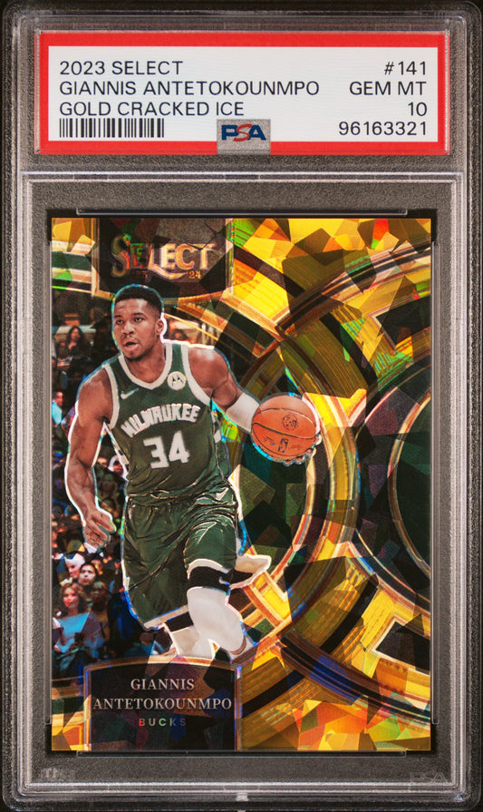 2023 Panini Select Giannis Antetokounmpo #141 Gold Cracked Ice /10 PSA 10