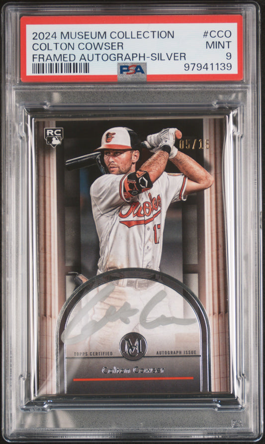 2024 Topps Museum Collection Colton Cowser Framed Auto Silver Pop 1 /15 PSA 9