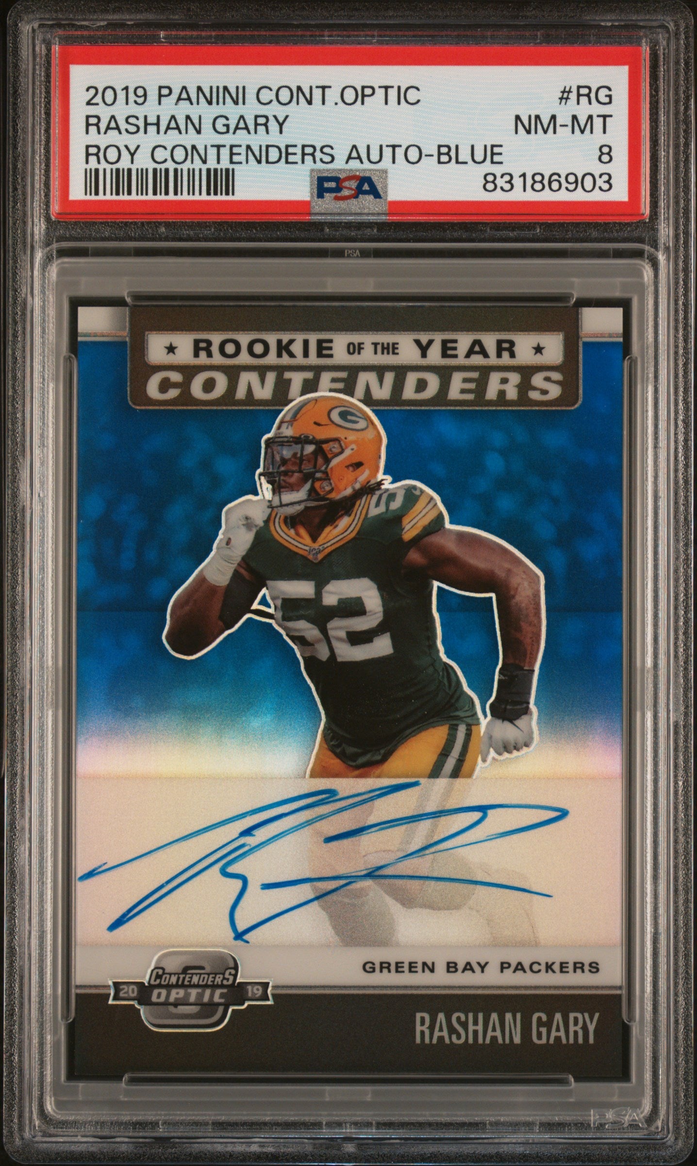 2019 Panini Contenders Optic Rashan Gary #RG Roy Contenders Auto Blue /75 PSA 8