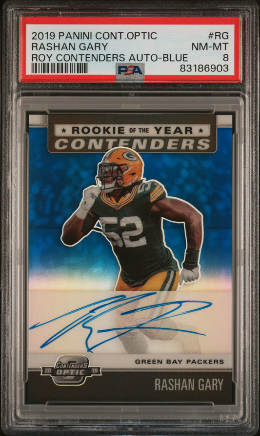 2019 Panini Contenders Optic Rashan Gary #RG Roy Contenders Auto Blue /75 PSA 8