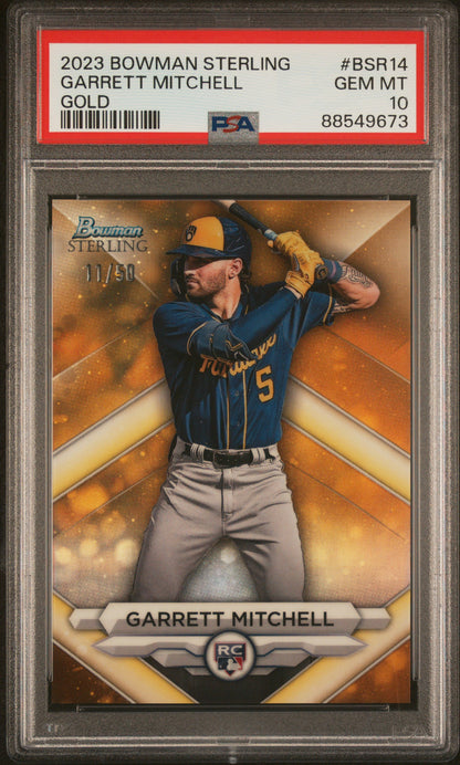 2023 Bowman Sterling Garrett Mitchell #BSR14 Gold Refractor /50 PSA 10