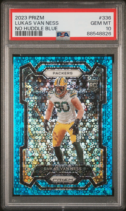 2023 Panini Prizm Lukas Van Ness #336 No Huddle Blue /95 PSA 10