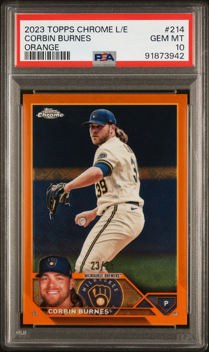 2023 Topps Chrome Logofractor Edition Corbin Burnes Orange Refractor /25 PSA 10