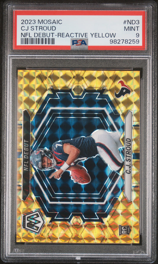 2023 Panini Mosaic CJ Stroud #ND3 NFL Debut Reactive Yellow Rookie PSA 9