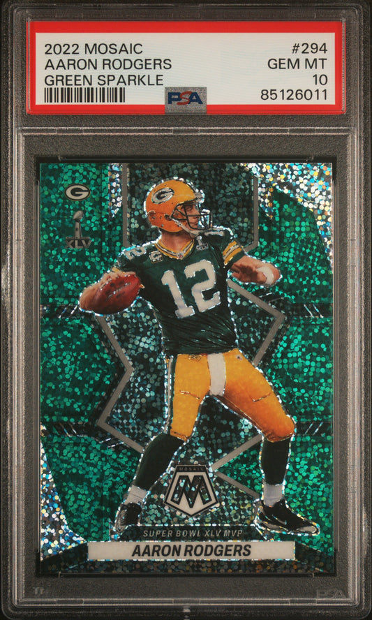 2022 Panini Mosaic Aaron Rodgers #294 Green Sparkle Short Print PSA 10